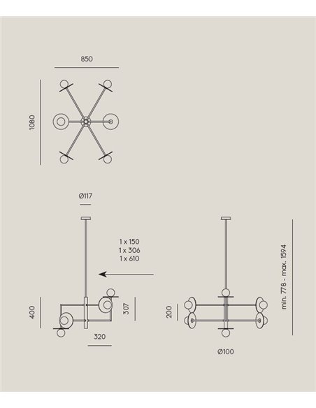 Lámpara colgante Miro – Aromas – Lámpara de techo de cerámica negra/gris, LED 3000K, 6 luces