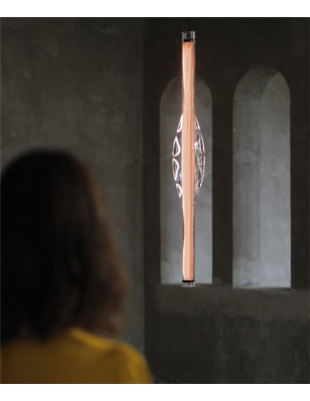 Lámpara colgante Dune Vertical – LZF – Lámpara de madera natural y vidrio soplado, LED regulable, Alto: 120 cm