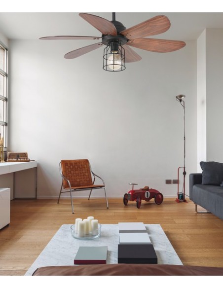 Ventilador de techo con luz 6 palas nogal acabado negro y mando a distancia – Chicago – Faro