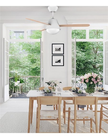 Ceiling fan with light and three reversible white/wooden reversible blades Buran - Leds C4