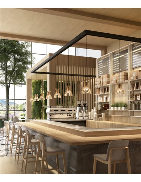 Lámpara colgante fabricada con finas lamas de madera natural disponible en marrón o blanco mate – Domita – Bover