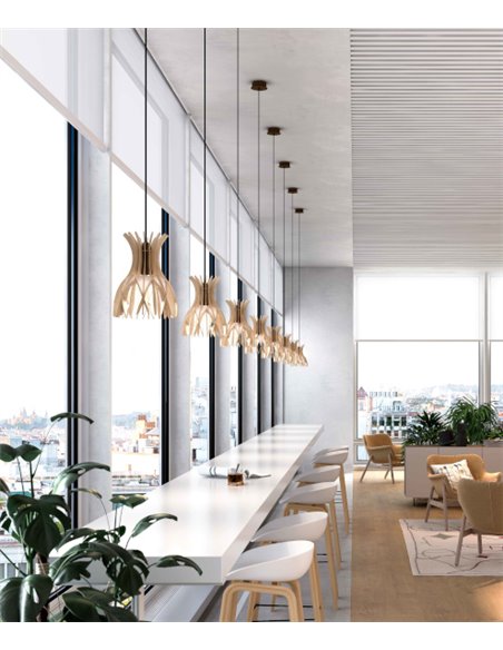 Lámpara colgante fabricada con finas lamas de madera natural disponible en marrón o blanco mate – Domita – Bover