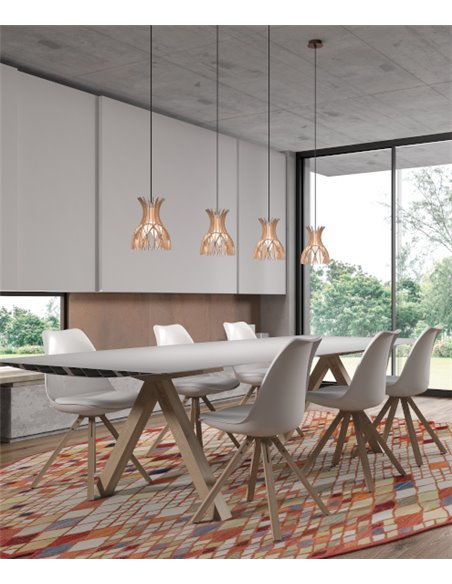 Lámpara colgante fabricada con finas lamas de madera natural disponible en marrón o blanco mate – Domita – Bover