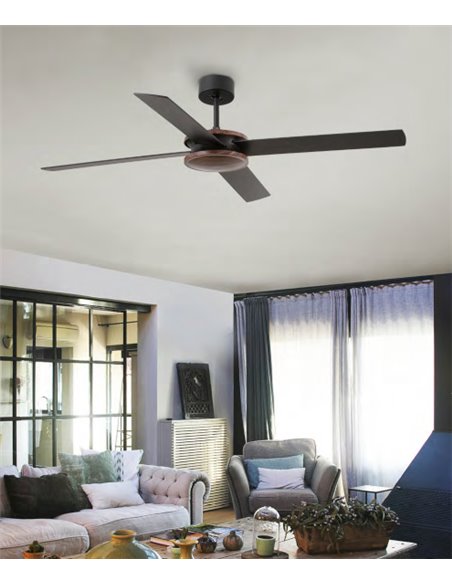 Ventilador de techo acabado marrón con motor DC apto para techo inclinado – Polea – Faro