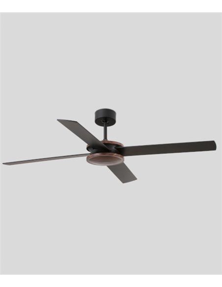 Ventilador de techo acabado marrón con motor DC apto para techo inclinado – Polea – Faro