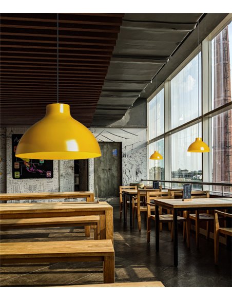 Parabolic pendant light - Luxcambra - Industrial design in black and mustard, Ø 35 cm